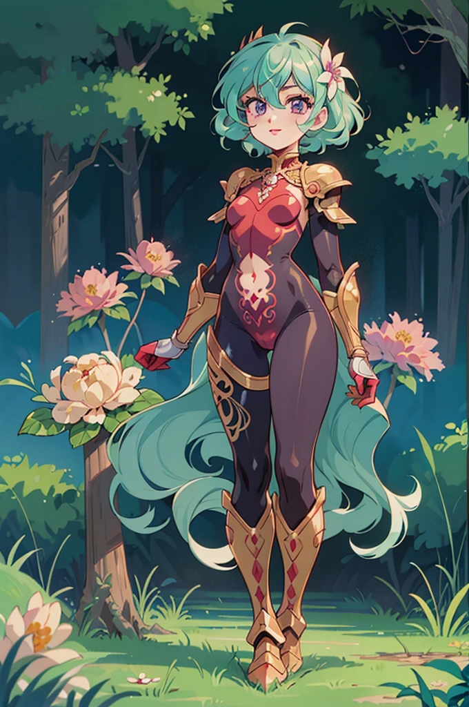 "(masterpiece:1.1), best quality, (NSFW:1.1),
1girl, (80s anime style:1.3), (eyelashes:1.5), (:1.2),
(intricate high detailed body:1.2),
aqua hair, (hair between eyes:1.1), (short hair, wavy hair:1.1), (flower brooch, hair ornament:1.2),
purple eyes, (red lip stick:1.3),
(small breasts:1.1),
(light smile:1.2),
(silver embroidery body suit armor, navel cutout, tattoo:1.2), (pantyhose:1.2),
(spiked knight armor, armored boots:1.2), (frill:1.1), (accessories:1.1), gloves,
standing, dynamic pose,
(full body, looking at viewer, from front:1.1),
(daytime, grassland, outdoors:1.2)"