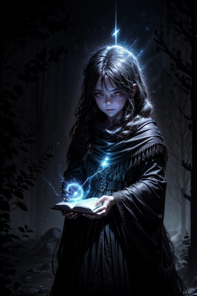 evil skelleton in a clearing in the middle of a cursed forest, Magia negra, Ancient spell book, Swirling smoke, menacing smile, Capa misteriosa, olhos brilhantes, atmosfera estranha, lightnings, castelo imponente, Noite tempestuosa, Floresta Encantada, Ominous shadows, Morcegos voadores, gargalhadas, casting spells, magical potions, covil escondido, mystical power, Sinister intentions, Malevolent Aura, disturbing presence, magia negra, Runas gravadas, cursed artifacts, Rituais Secretos, energia sobrenatural, Almas corrompidas, Criaturas retorcidas, conhecimento proibido, shrouded in darkness, ethereal glow, sussurros sinistros, planos nefastos, Ghostly apparitions, profecias sinistras, Enchanted victims, Evil Sorcery, supernatural forces (master part), melhor qualidade, olhos expressivos, rosto com qualidade.