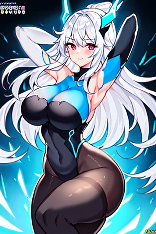 1girl, white hair, large breasts, breasts, thick thighs, wide hips, red eyes, bodysuit, black bodysuit, pantyhose, long hair, light smile, happy, science-fiction, tech, futuristic, black pantyhose, thighhighs, neon, machinery, hair ornament, ornament, neon trim, anime style, 2d, anime screencap, shoulder armor, blue neon trim, hip sway, swaying hips, bouncing breasts, arms behind back, hands behind head, arms behind head, arms up, me!me!me dance /(meme/), dancing, dance, hourglass figure, ass, from behind