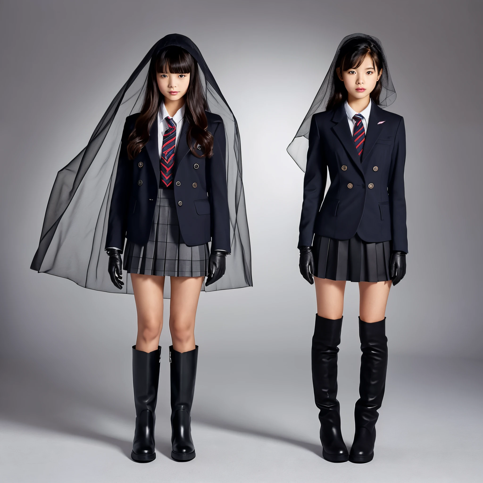 Silhouette of a high school girl wearing a blazer, leather gloves, and long boots through a veil、Leather gloves on both hands、Long boots on both feet