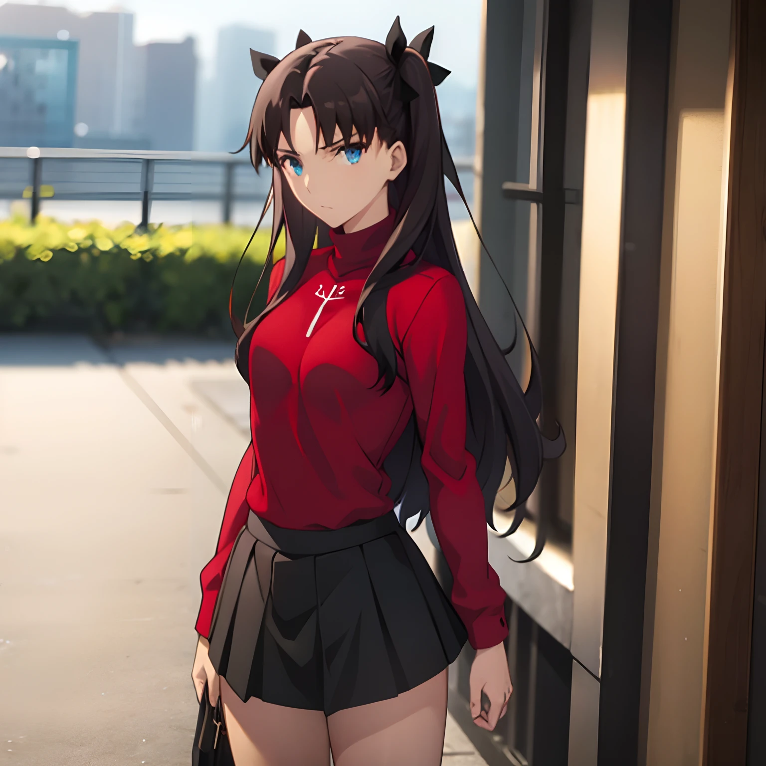 1 girl, alone , rin tohsaka, blue eyes, black hair, hair ribbon, long hair, ribbon, side locks, two sides up, BREAK black skirt, long sleeves, miniskirt, pleated skirt, red sweater, sweater, turtleneck, medium breasts, wide waist, wide thighs REST outside, city, BREAK looking at the viewer, BREAK, (masterpiece:1.2), best quality, high resolution, unity 8k wallpaper, extremely detailed face, perfect lighting, extremely detailed CG (perfect hands, perfect anatomy),