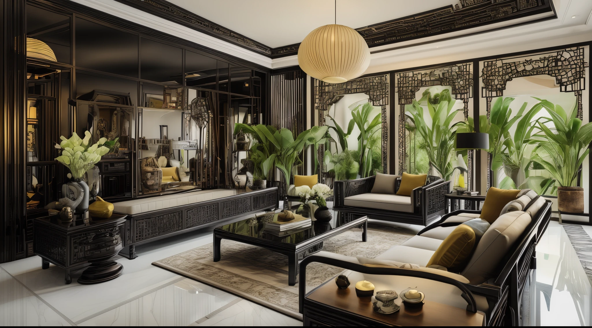 (( masterpiece)) (( ultral realistic)) (( sharp forcus)) (( high detail)) livingroom in indochina style,china , vietnam, black wooden furniture, wallpaper, patent,glossy, ceramic tiles floor,