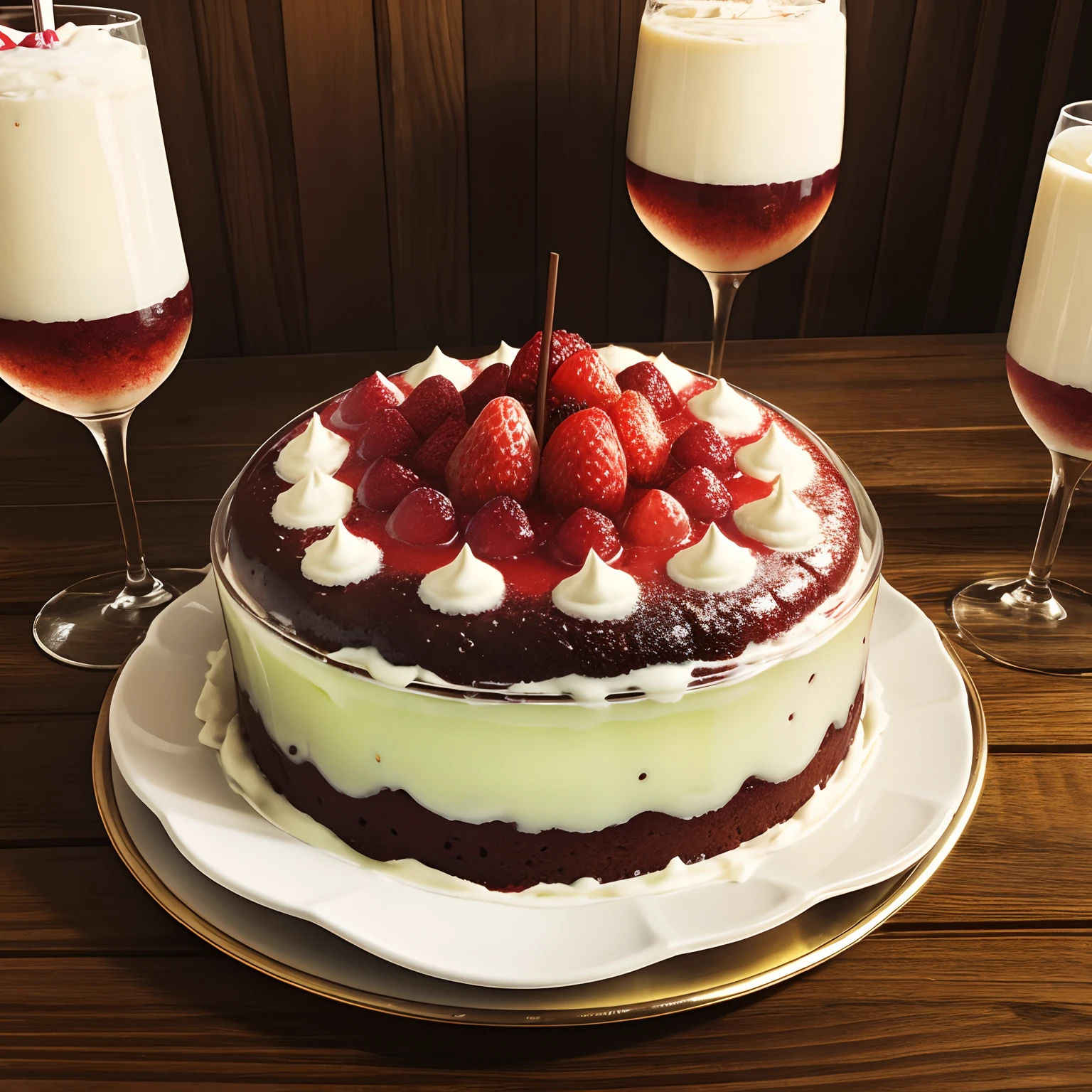 Big Pudding jelly, and cake on top,full colour, realistic, on the table, drinks,