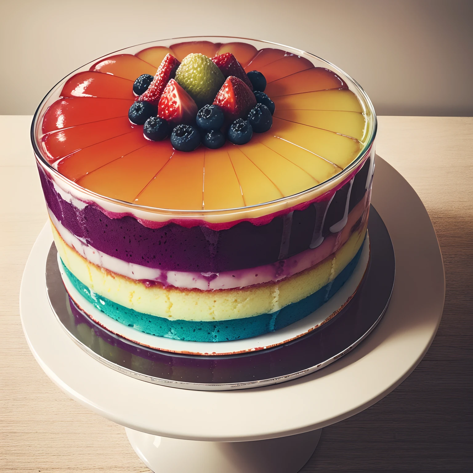 Big Pudding jelly, and cake on top,full colour, realistic, on the table, drinks,