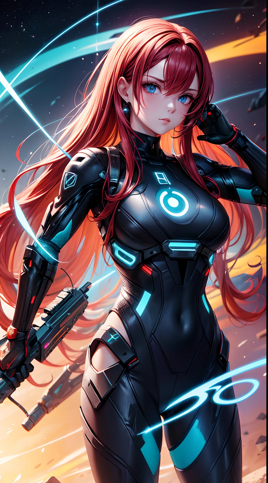 Ruiva, sci-fi, cabelo futurista, magnetic gaze, Holographic accessories, vestimenta high-tech, Advanced weaponry, aura misteriosa, cosmic colors, efeitos de luz futuristas, Technological Fund.