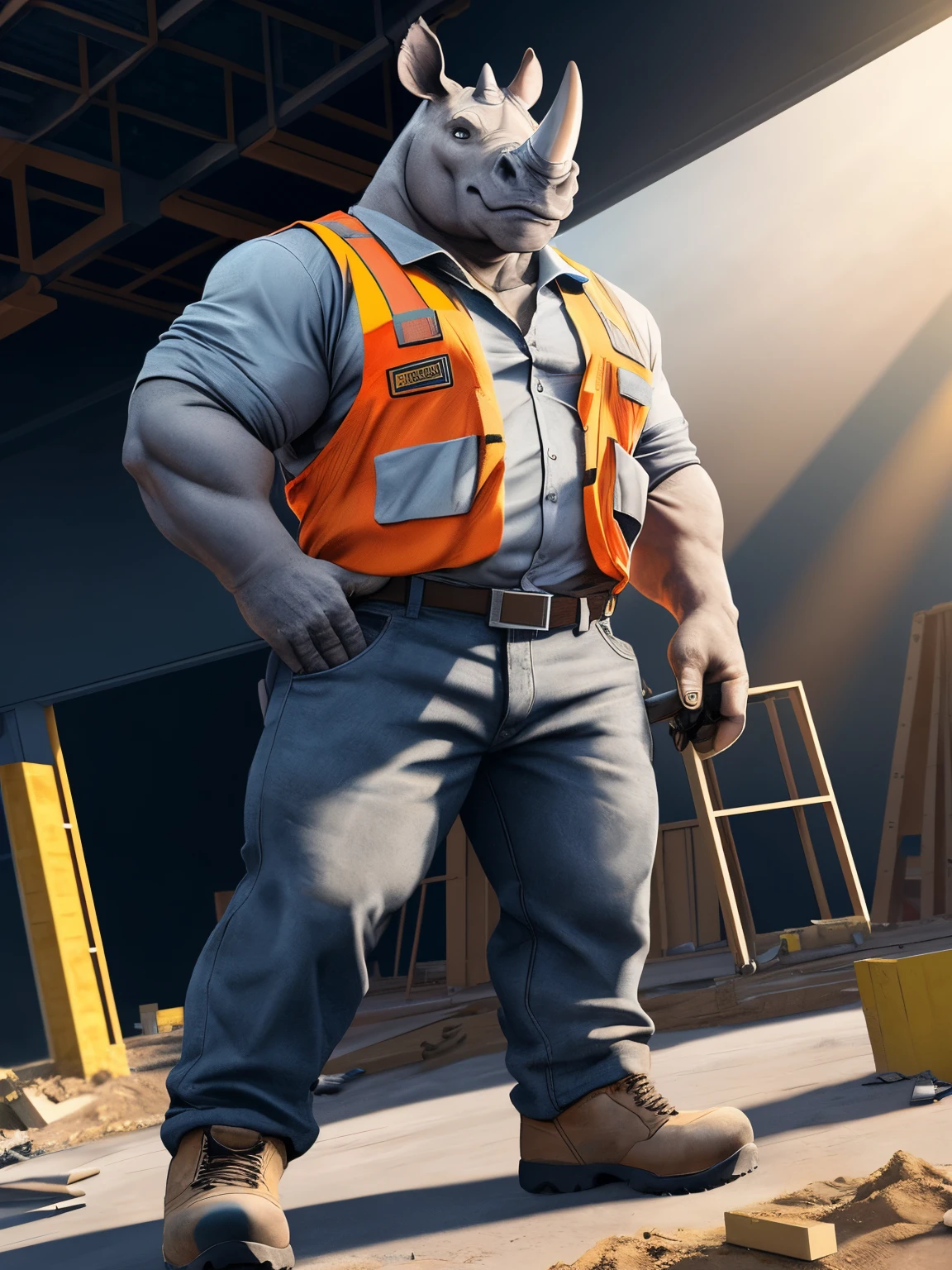 «»A photorealistic portrayal of a strong and industrious rhinoceros dressed in a construction worker's uniform. The rhino should be depicted wearing a hard hat, safety vest, and work boots, ready for a day of construction work. The rhino constructor should be posed with a determined and confident stance, perhaps holding a blueprint or a construction tool. The background should be a construction site or a city skyline with ongoing construction projects, emphasizing the rhino's role as a diligent builder. The lighting should be bright and focused on the rhinoceros, highlighting its rugged features. The camera shot should be a full-body shot, capturing the rhino's powerful presence and the fine details of its construction worker's outfit. The resolution should be 8K or higher to showcase the majestic textures of the rhino's skin and the construction materials. The render style should aim for a professional and polished look, suitable for a construction company's advertisement or a construction-themed magazine cover. Art inspirations can be drawn from photographs of construction workers and urban construction scenes. (((strong industrious rhinoceros))), (((construction worker's uniform))), (((construction site))), (((bright lighting))), (((full-body shot))), (((8K resolution))), (((professional render style))).»