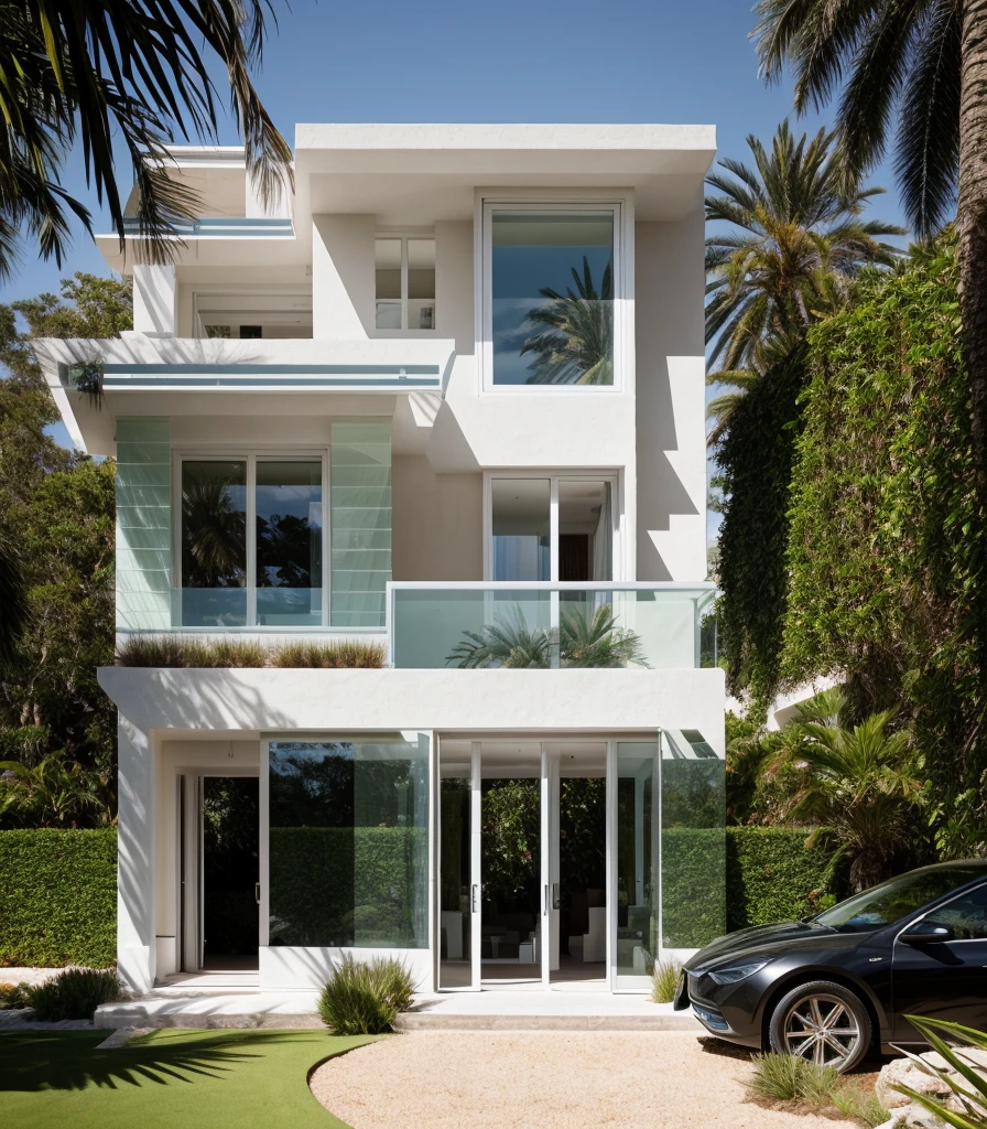 RAW photo,EUROPEAN STYLE VILA , Peter Marino Architect , outdoor, nature, epic futuristic, daylight , raw, hdr,standing on the hill, natural skin, 8k uhd, high quality, film grain, Fujifilm XT3, cinematicy, architecture, glass door , palm tree, resort, grass, tropical, garden, Afternoon sunlight, shadows cast in front of the house, reflection