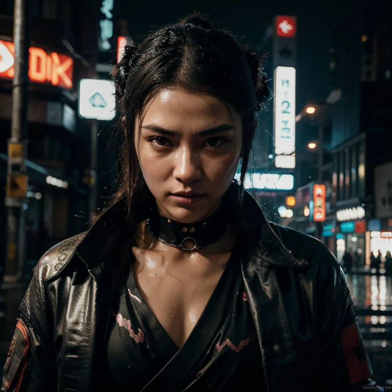 glamour shot of samurai, the Cyberpunk samurai, surrounded by city neon lighting, realistic, realistic, morbide, dark, very detailed, rendered in octane, wet, dense atmospheric, epic, dramatic, empty, creepy, trail cam footage, photorealistic, hyperornate details, photographed by Irakli Nadar and Reylia Slaby, bokeh, particuls, ultra detail