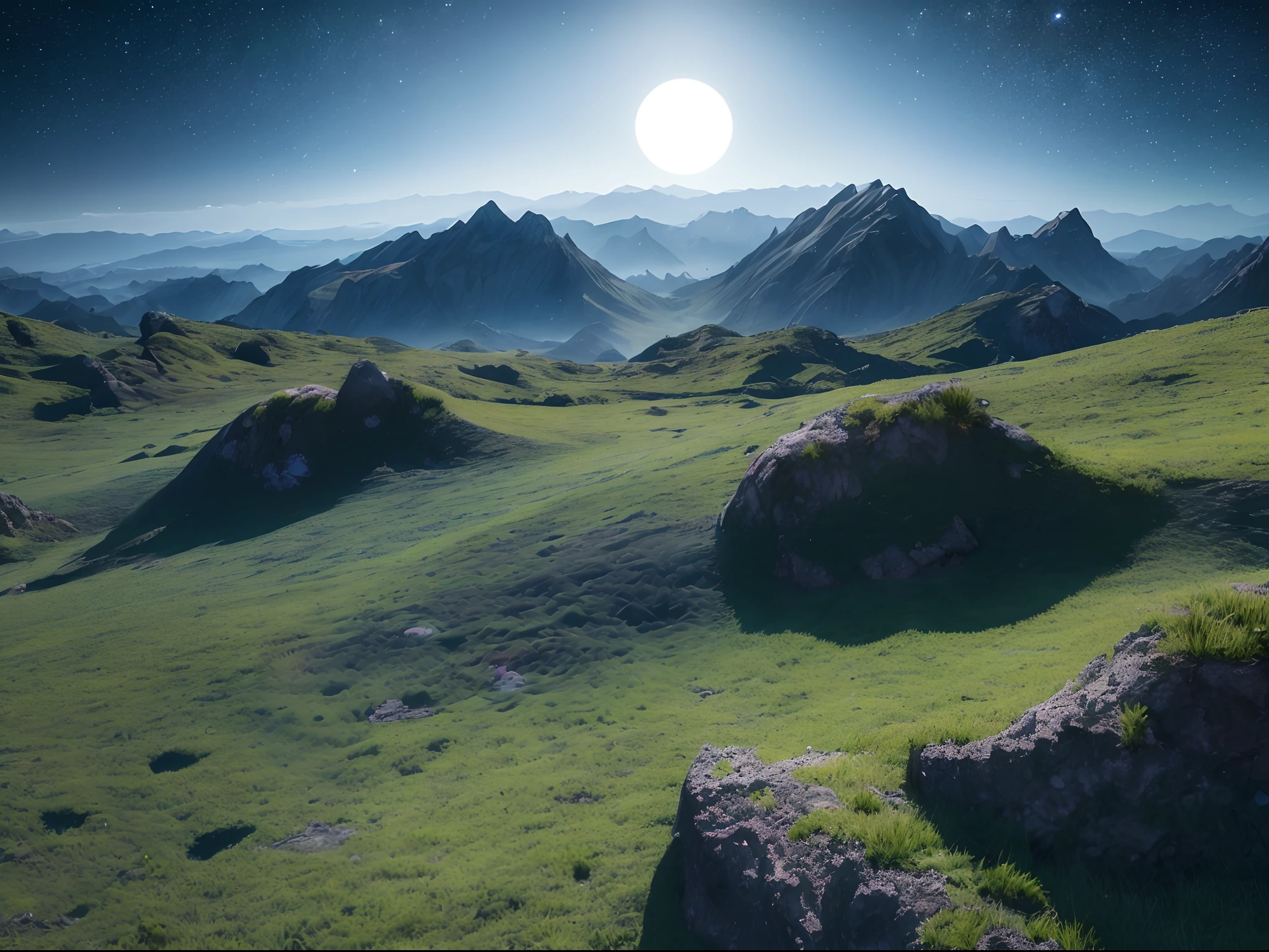 Generate a UHD image of an otherworldly, alien landscape at dusk. The sky should feature multiple moons and a dazzling array of stars, and the ground should be covered in vivid, exotic vegetation.