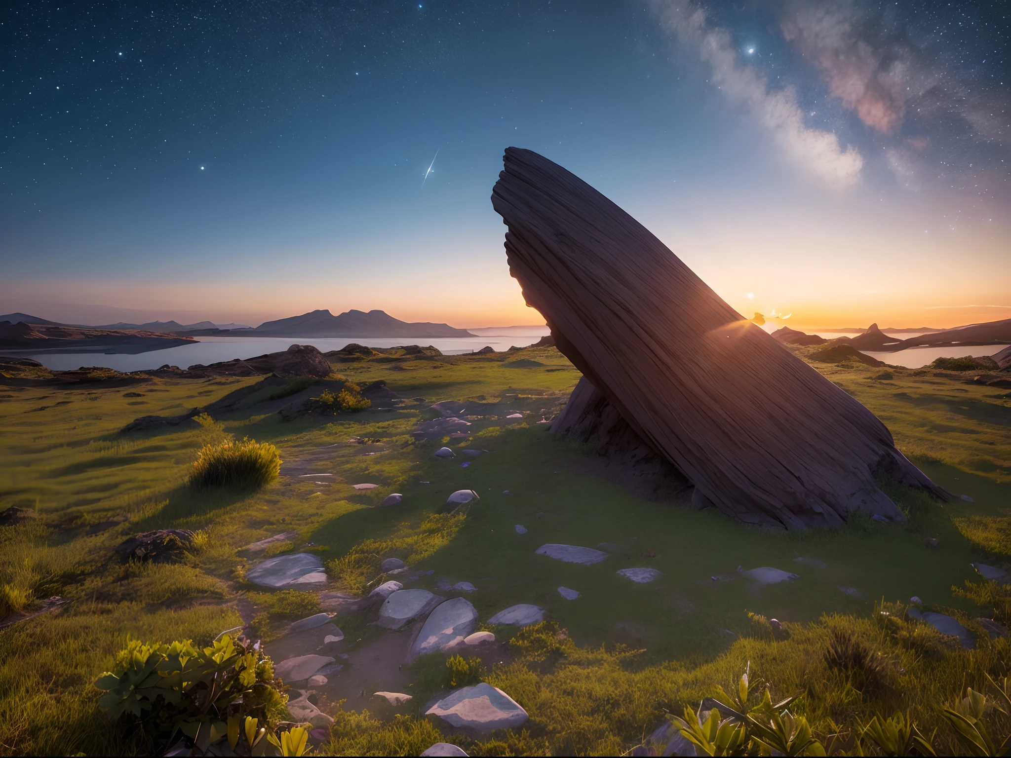 Generate a UHD image of an otherworldly, alien landscape at dusk. The sky should feature multiple moons and a dazzling array of stars, and the ground should be covered in vivid, exotic vegetation.