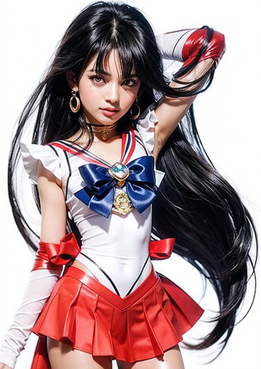 cabello negro, cabello largo, ojos de amatista, traje de sailor scout, linda chica, cerrando un ojo, rostro realista