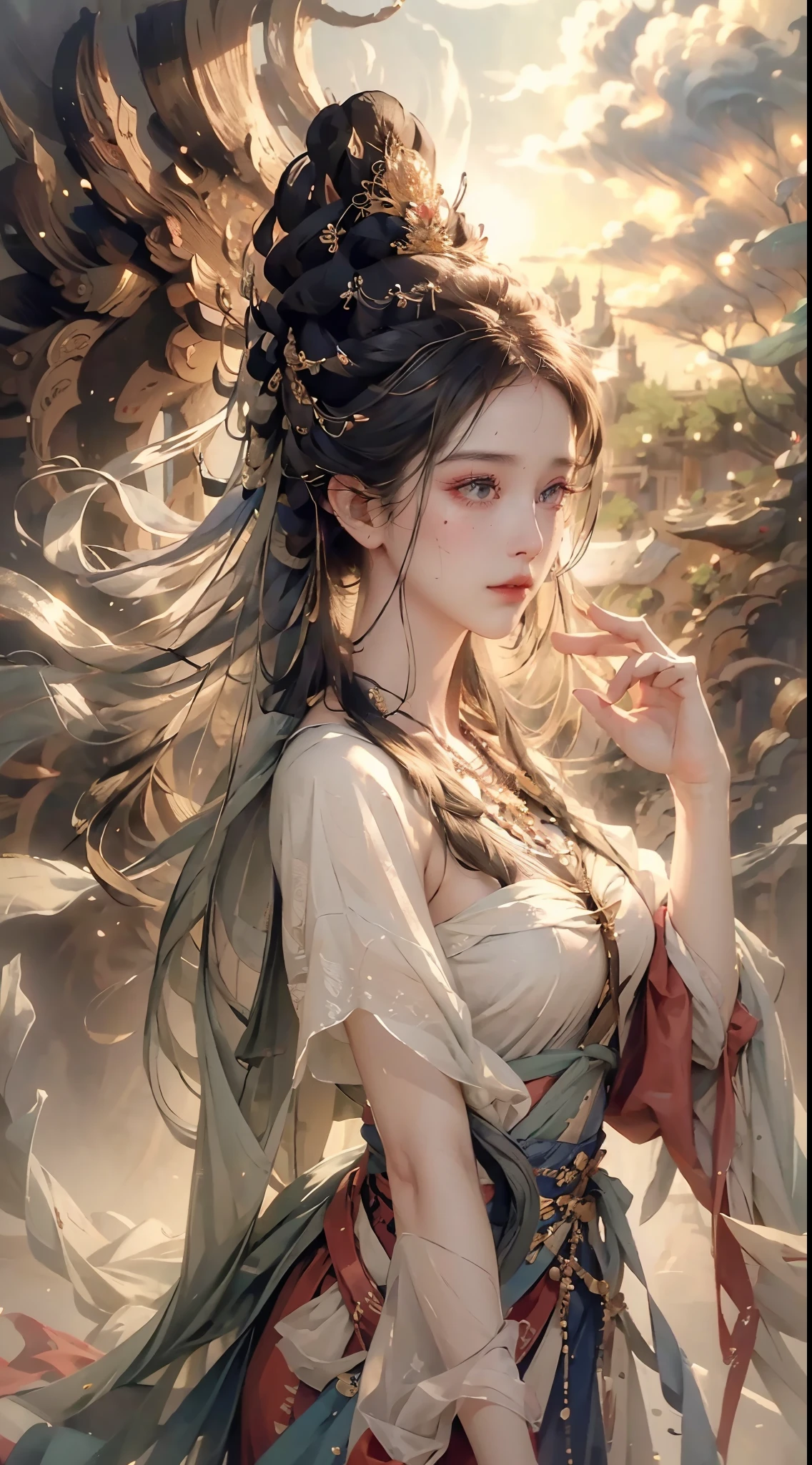 nsfw, zhongfenghua, 1girl, solo, hanfu, ancient_chinese_architecture, flower field, blossom, (white smoke:1.3) (photorealistic:1.4), zentangle, mandala, entangle, official art, unity 8k wallpaper, ultra detailed, beautiful and aesthetic, masterpiece,best quality, (dynamic angle:1.4), glowing skin, (floating colorful sparkles:1) the most beautiful form of chaos, elegant, a brutalist designed, vivid colours, romanticism depth of field exotic_dance, half_naked