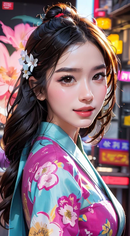 Beautiful face, beautiful body, big smile, light particles, Create digital artwork in the Pop Art style, Featuring a vibrant and confident young Asian girl，full length kimono dress flowery open, Movie poster theme, Surrounded by vintage flower motifs, tentacles stretching, Vibrant brushstrokes,Emotions should be dynamic, Upper body, Drawing, illustration, Many flowers,