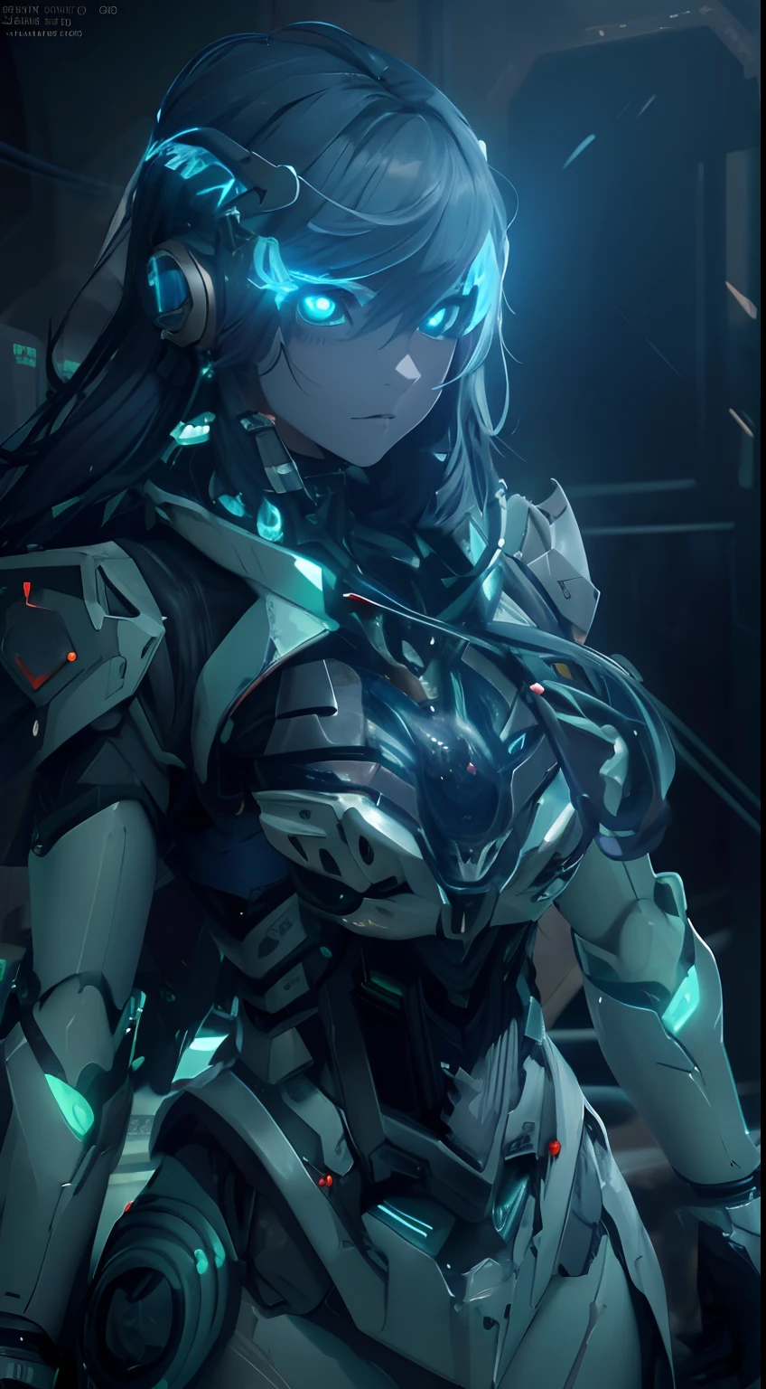 light particles, halo, (bioluminescent:0.95), bioluminescent, piercing glare, vibrant, (((colourful))), color, (glowing, glow), reflection light, depth of field, from behind, multiple views, delicated best quality, (((masterpiece))), ((best quality)), ((ultra-detailed)), (CG illustration), (an extremely devious and beautiful)), cinematic light, ((1 mechanical girl)), (white, blue hair), (short hair), (green eyes), (purple lips), (absurdly large silver robe), single, full, mechanical halo,star halo,intricate mechanical bodysuit, mecha corset, (full armor: yalow and white), (machine-made joints: 1.4), ((mechanical limbs)), ( blood vessels attached to the tube), ((mechanical spine attached to the back)), ((mechanical cervical vertebrae attached to the neck), ((combat stance)), expressionless, (wires and cables attached to the head and body: 1.5), (character focus), science fiction, apocalypse, glow, (full shoot body:1.1)