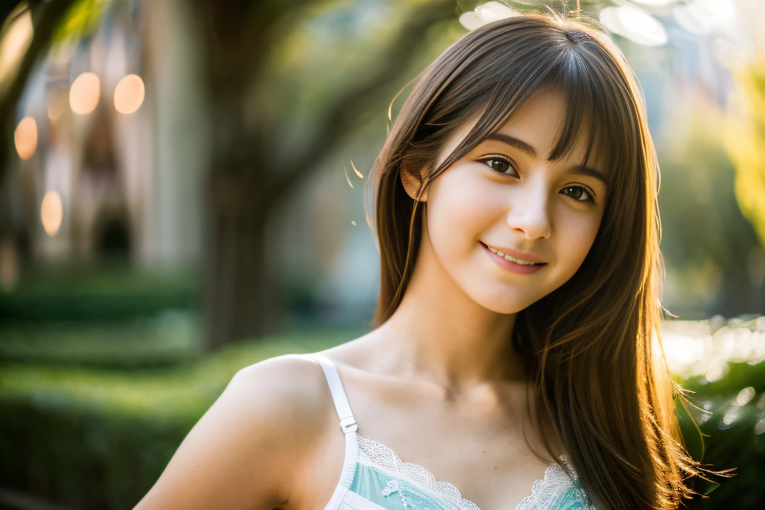 ((1 Spanish teenage girl)), Ethereal beautiful, slim, Petite, Soft light, ((David Hamilton Style)), closeup picture, masutepiece, Best Quality, Photorealsitic, 8K, High resolution, Detailed skin, 8K UHD, Digital SLR, Soft lighting, High quality, Film grain, FUJI XT3, Full body, In the park, standing,　Photo from the waist up、( cute bra), smile, ((The background is Sagrada Familia))、