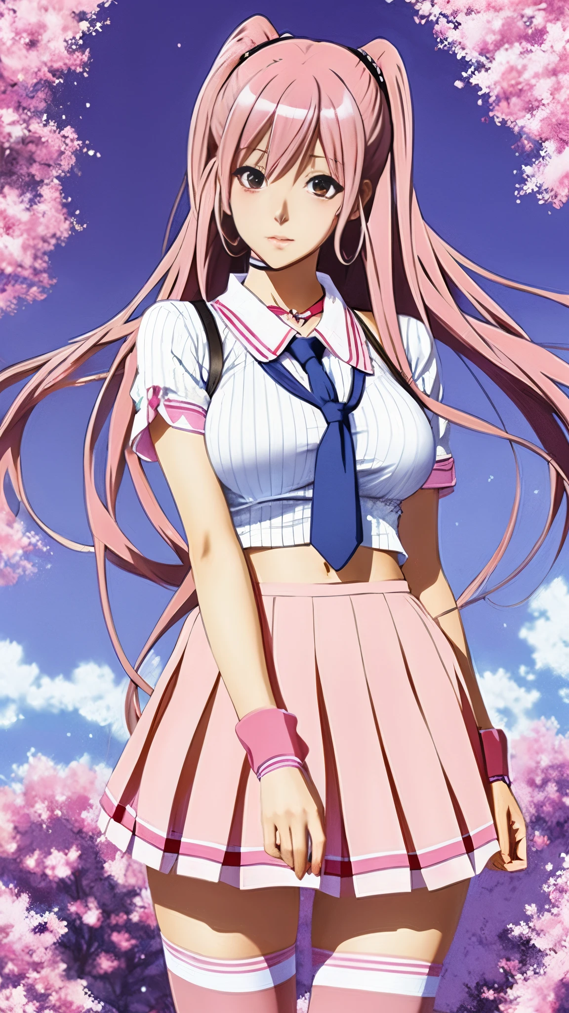 Anime Sexy school girl, long pink hair, miniskirt, thigh socks, thick, big breast, cuffs,  neck choker, blushing