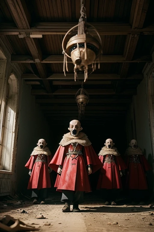 hyper-realistic, super detailed, dynamic shooting, masterpiece, cinematic scene, epic movie scenes, legendary skull with cape gathered troops of an army of skulls, in an abandoned castle with black and red sails