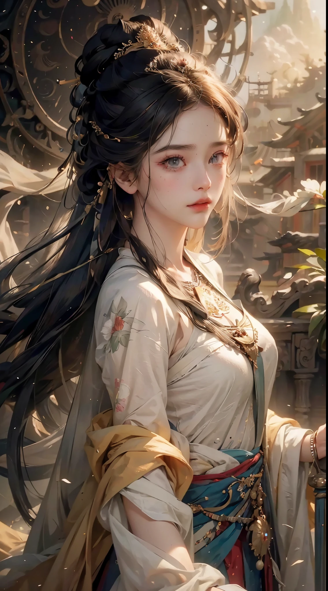 (RAW photo, best quality), (realistic, photo-realistic:1.3),best quality,highly detailed,masterpiece,ultra-detailed,illustration,1girl,upper_body,dynamic angle,world masterpiece theater,messy_long_hair,best quality,extremely detailed CG unity 8k wallpaper,ink,Amazing,cinematic lighting,lens_flare,,dunhuang_style