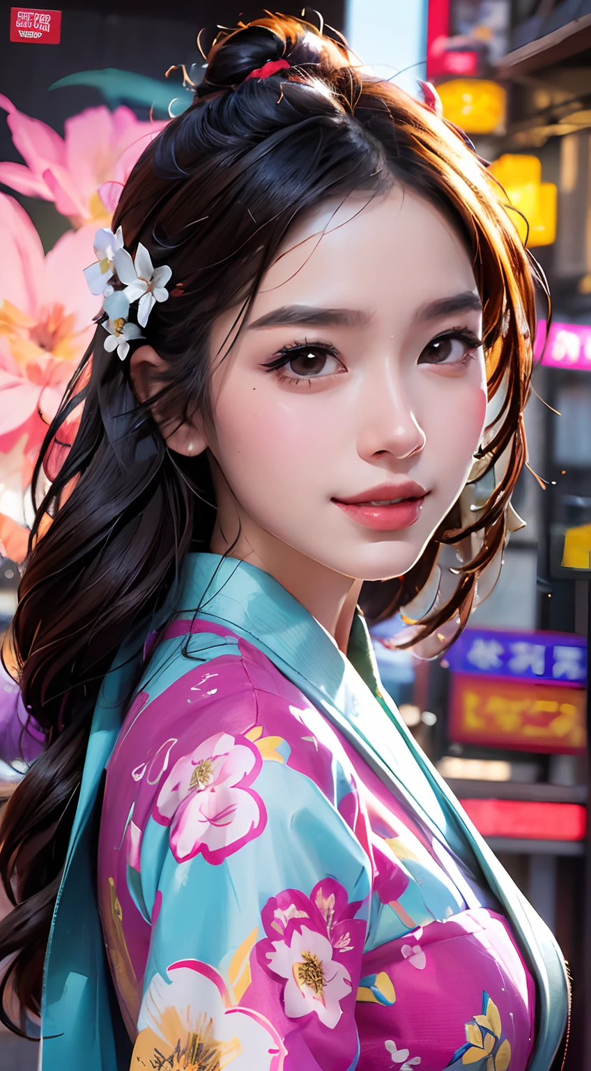 Beautiful face, beautiful body, big smile, light particles, Create digital artwork in the Pop Art style, Featuring a vibrant and confident young Asian girl,full length kimono dress flowery open, Movie poster theme, Surrounded by vintage flower motifs, tentacles stretching, Vibrant brushstrokes,Emotions should be dynamic, Upper body, Drawing, illustration, Many flowers,