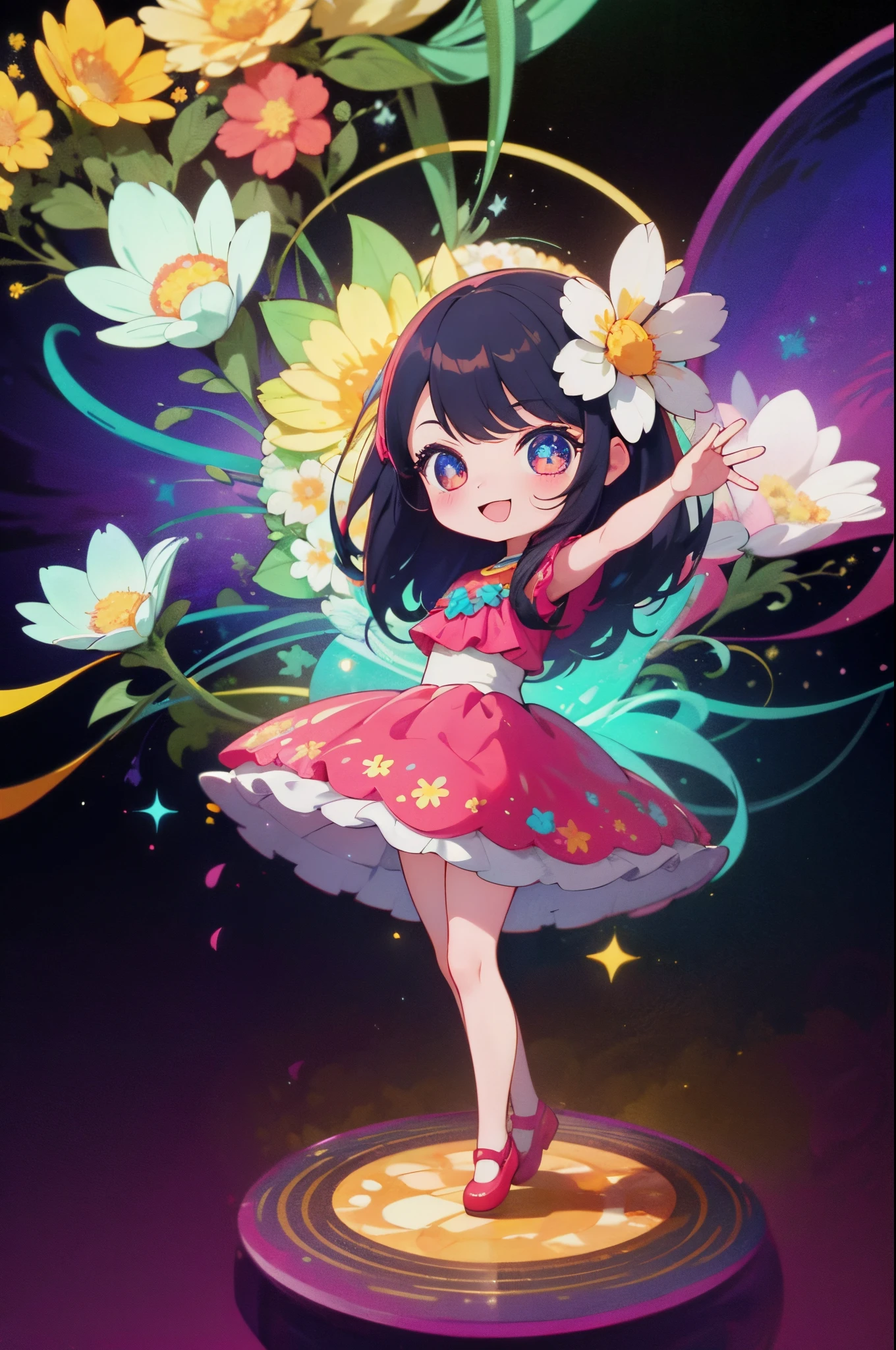 Extremely detailed,(Fractal Art:1.1),(Colorful:1.1)(Flowers:1.3)、 (Dynamic Pose), (Abstract background:1.3)、(Many colors:1.4)、Place one small doll on a circular stand、kawaii pose、A smile、A dark-haired、Chibi Doll、Stars in the eyes(kirakira)、Singing with microphone in hand、Eye Up、Laugh、Cute red shoes、Ultra Detail, radiant light、bio luminescent、Stronger bokeh effect