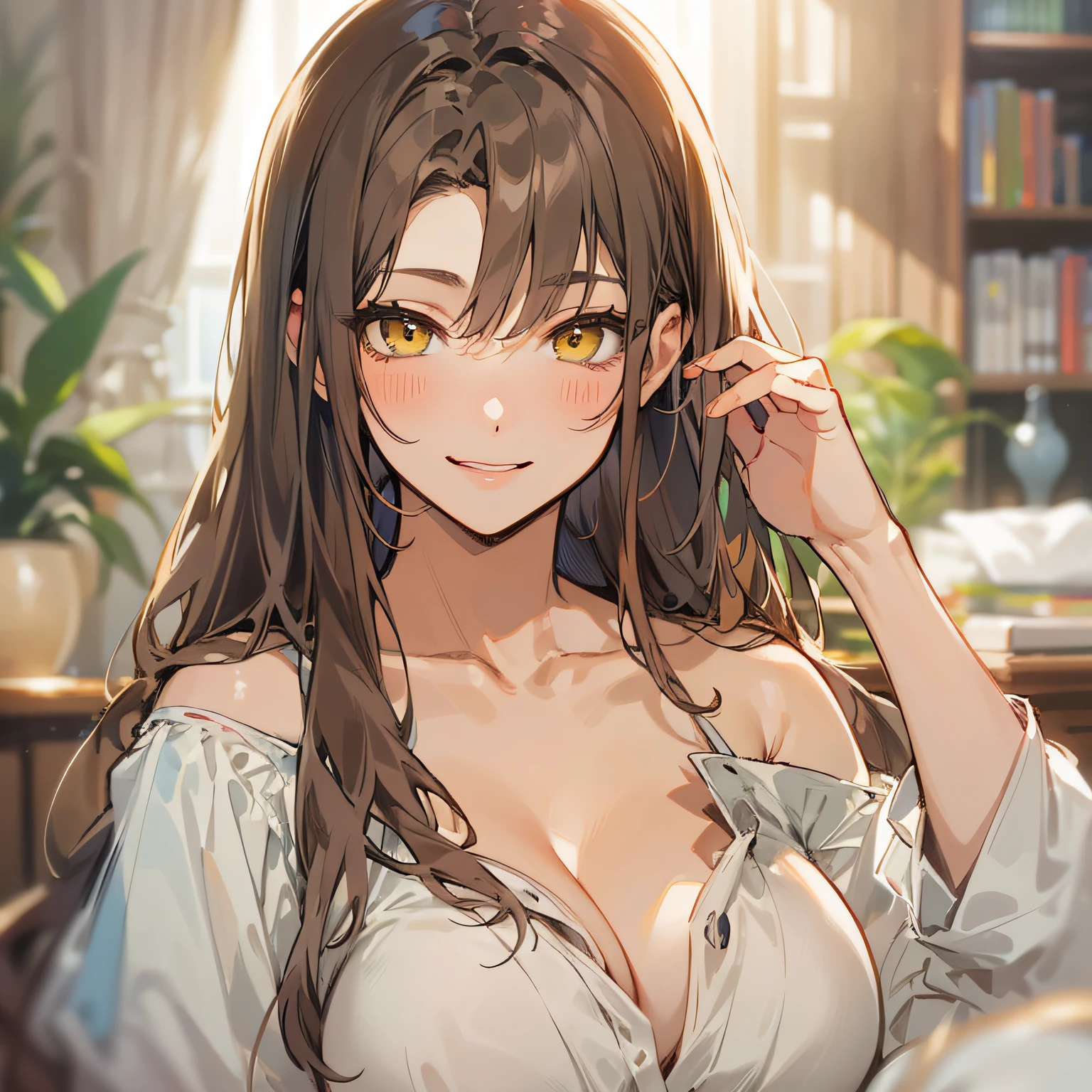 ​masterpiece、top-quality、(brown colored long hair:1.1)、25 year old woman with yellow eyes、japanese comic book、Wearing a white off-the-shoulder blouse、Exposed skin a lot、(large full breasts:1.3)、(A gentle smiling face:1.3)、(Close-up of the subject's face:1.3)、(Staring at the camera:1.3)、The background is the living room、Bold composition、Upper body is shown、Alone、