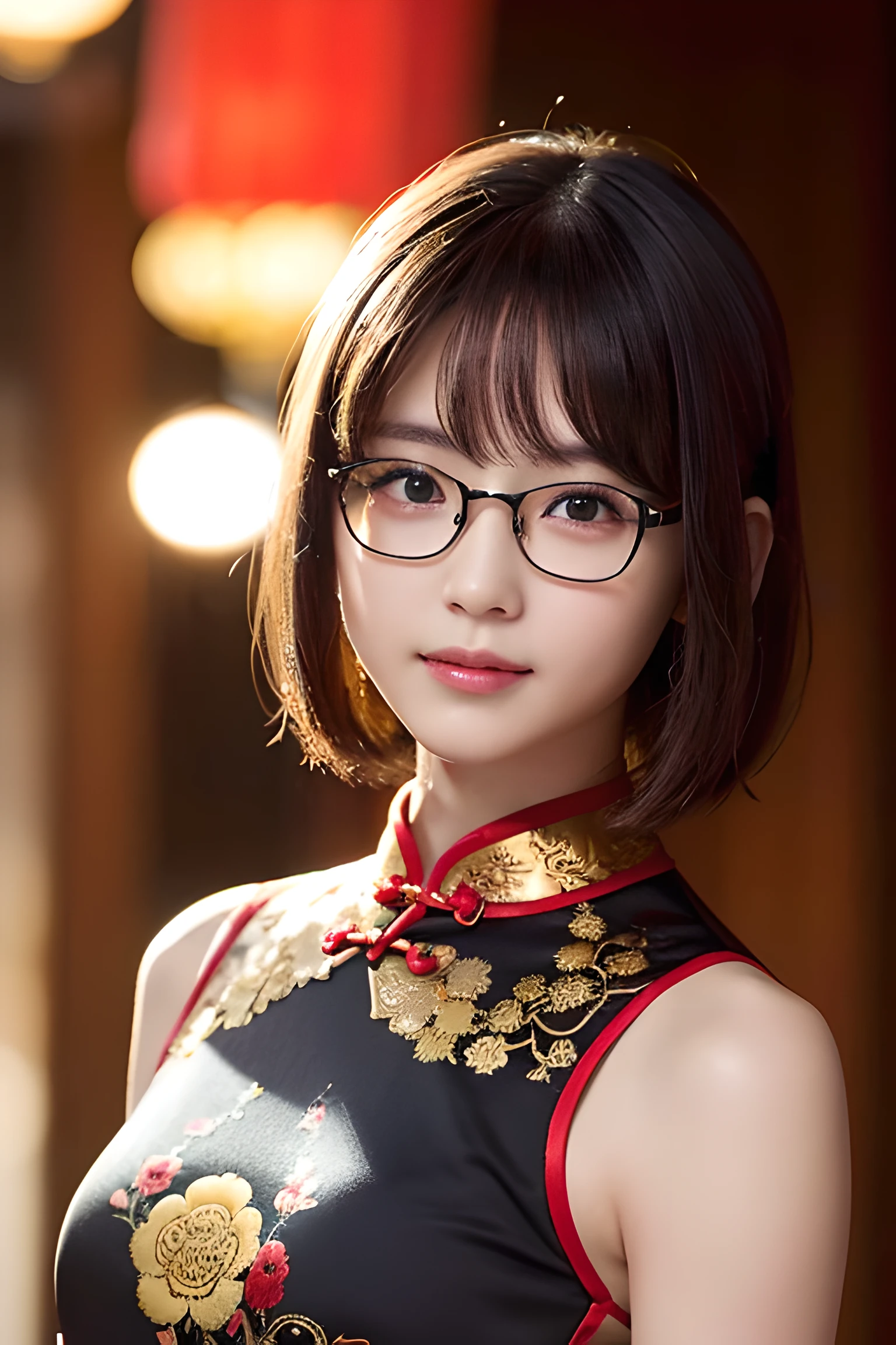 (8k),best quality, (photorealistic,realistic:1.2), 1girl, solo, detailed face, standing,black hair,(hair ornament:1.35), (looking at viewer:1.5), (small breasts,breasts out:1.3),brown short hair, red eyes, bangs, lips, red glasses