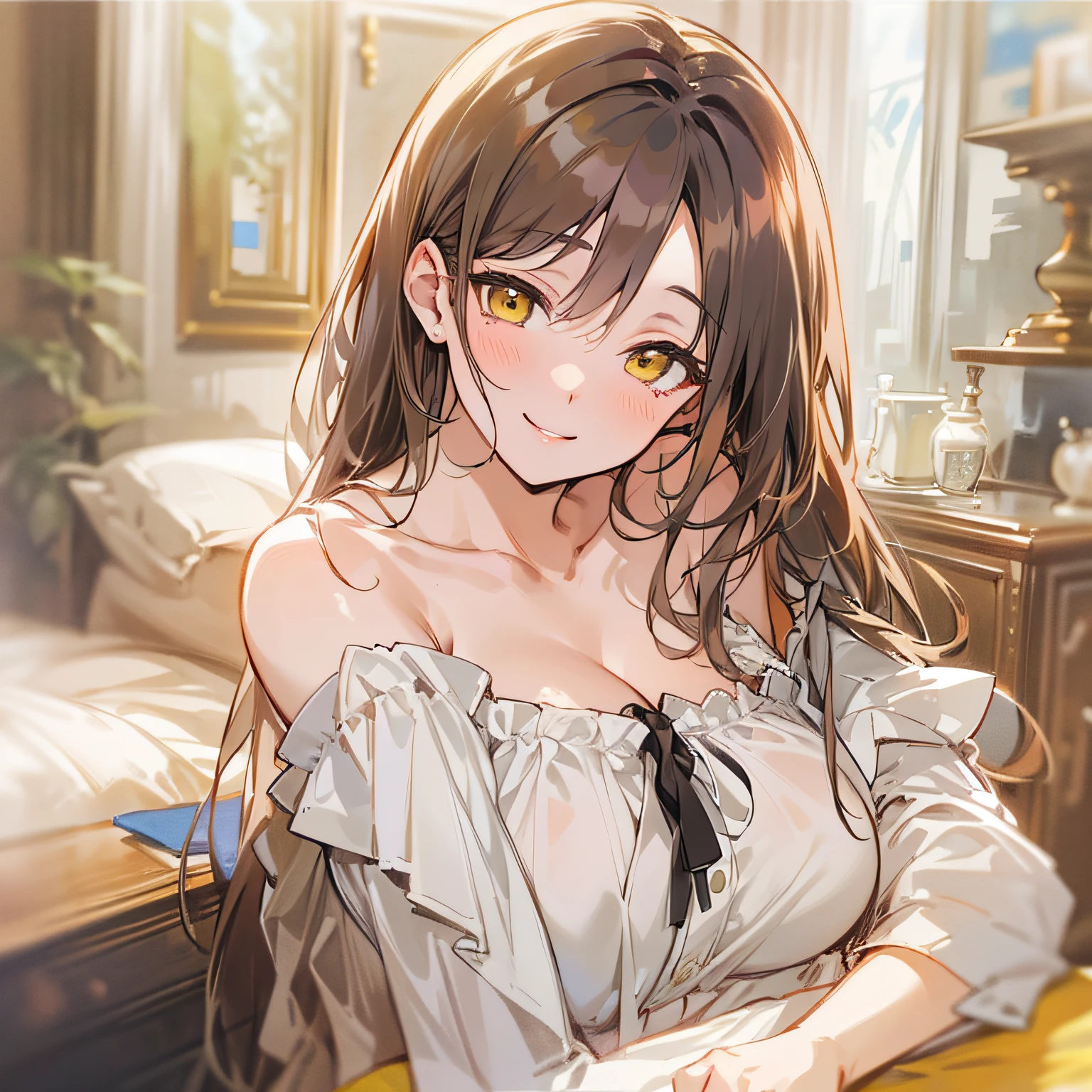 ​masterpiece、top-quality、(brown colored long hair:1.1)、25 year old woman with yellow eyes、japanese comic book、Wearing a white off-the-shoulder blouse、Exposed skin a lot、(large full breasts:1.3)、(A gentle smiling face:1.3)、(Close-up of the subject's face:1.3)、(Staring at the camera:1.3)、The background is the living room、Bold composition、Upper body is shown、Alone、