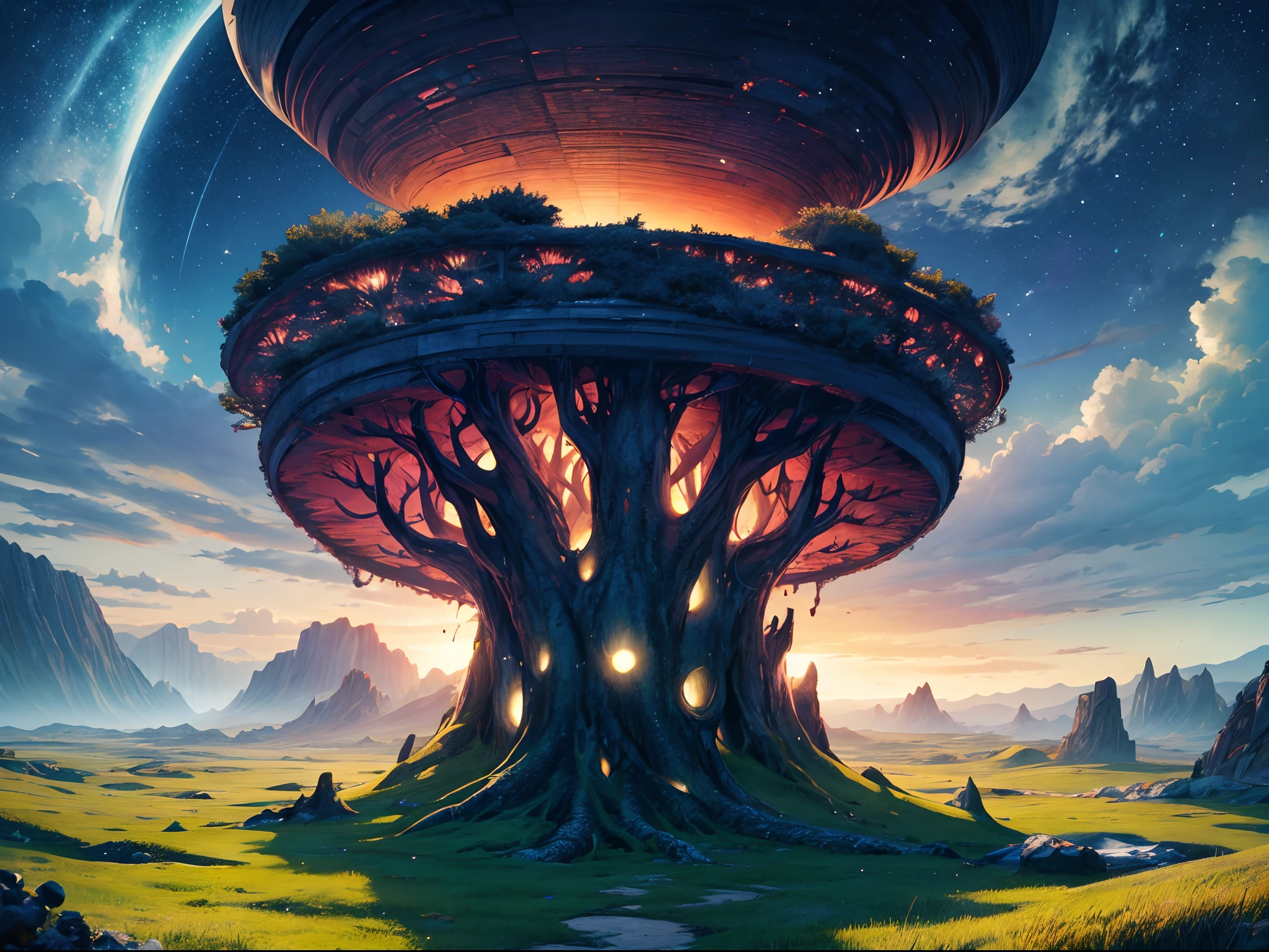 Generate a UHD image of an otherworldly, alien landscape at dusk. The sky should feature multiple moons and a dazzling array of stars, and the ground should be covered in vivid, exotic vegetation.