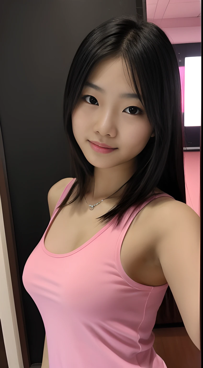 1girl in, Asian Girl, 20yr old, college, Pretty, Selfie, Dark background, Take a photo with your iPhone's camera, Noise Images, raw picture, pop music , Pink tank top, small tits,dancer type、college girls、