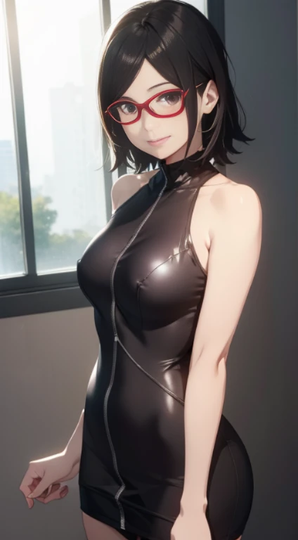 (masutepiece, Best Quality, Capture super cute moments, depth of fields, ultra-detailliert, Ultra High Resolution, C4D, Octadale, 3D Modeling, 8K, 16 K, 1 girl, A dark-haired、short-hair、straight haired、Light brown eyes、wearing black glasses、A smile)、uchiha sarada, full body, nude, standing, nude shoulders, sexy pose, medium breasts