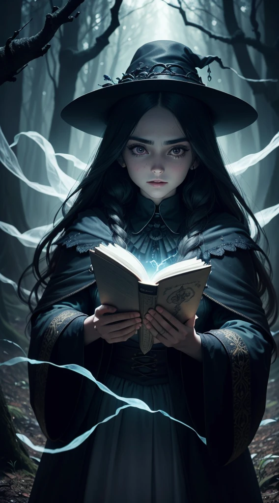 Evil wizard in a clearing in the middle of a cursed forest, Magia negra, Ancient spell book, Swirling smoke, menacing smile, Capa misteriosa, olhos brilhantes, atmosfera estranha, lightnings, castelo imponente, Noite tempestuosa, Equipe torcida, Floresta Encantada, Ominous shadows, Morcegos voadores, gargalhadas, casting spells, magical potions, covil escondido, Mystical powers, Sinister intentions, Malevolent Aura, disturbing presence, magia negra, Runas gravadas, cursed artifacts, Rituais Secretos, energia sobrenatural, Almas corrompidas, Criaturas retorcidas, conhecimento proibido, shrouded in darkness, ethereal glow, sussurros sinistros, planos nefastos, Ghostly apparitions, profecias sinistras, Enchanted victims, Evil Sorcery, supernatural forces (master part), best quality, olhos expressivos, rosto perfeito