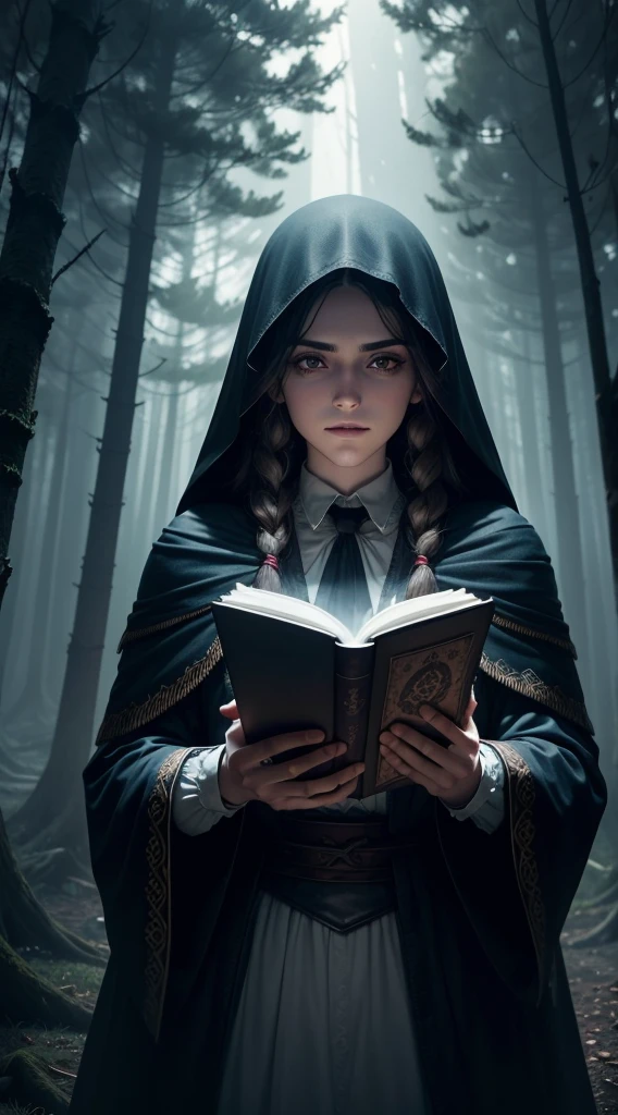Evil wizard in a clearing in the middle of a cursed forest, Magia negra, Ancient spell book, Swirling smoke, menacing smile, Capa misteriosa, olhos brilhantes, atmosfera estranha, lightnings, castelo imponente, Noite tempestuosa, Equipe torcida, Floresta Encantada, Ominous shadows, Morcegos voadores, gargalhadas, casting spells, magical potions, covil escondido, Mystical powers, Sinister intentions, Malevolent Aura, disturbing presence, magia negra, Runas gravadas, cursed artifacts, Rituais Secretos, energia sobrenatural, Almas corrompidas, Criaturas retorcidas, conhecimento proibido, shrouded in darkness, ethereal glow, sussurros sinistros, planos nefastos, Ghostly apparitions, profecias sinistras, Enchanted victims, Evil Sorcery, supernatural forces (master part), best quality, olhos expressivos, rosto perfeito
