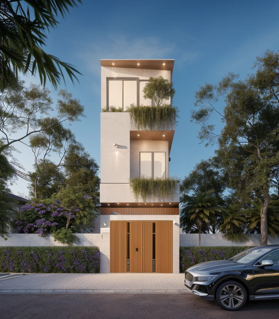 1 morden house, main material by white wall, large yard, 1 road runs in front of the house, (RAW photo, real, best quality, masterpiece:1.2), look morden minimalist, 1 road in front of the house, shime ring light, light brighteness from indoor:1.2, dynamic lighting:1.3, (hyper realistic, photo-realistic:1.2), high quality, (sun rise lighting:1.2), perfect lighting, archdaily