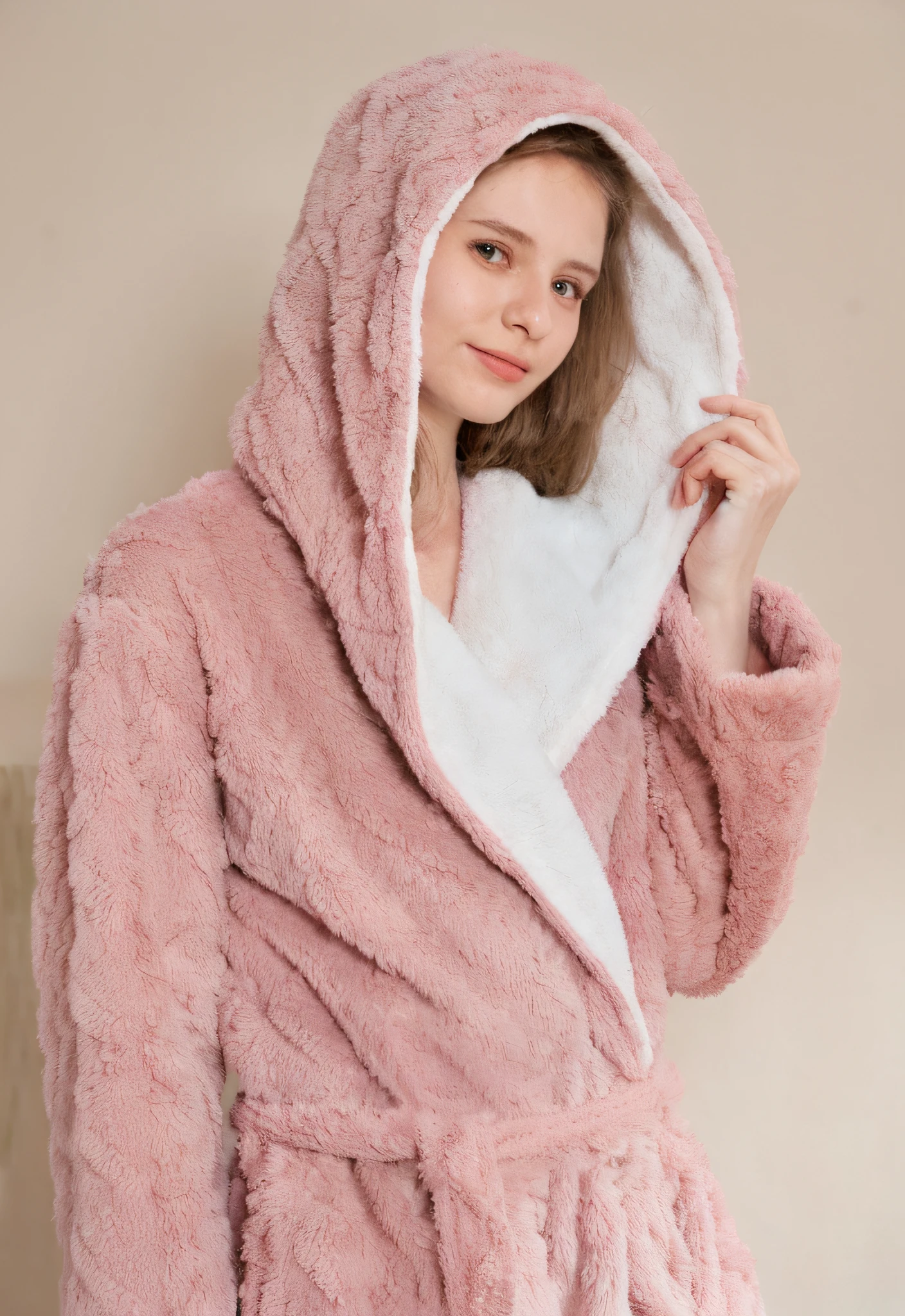 Wearing a pink robe、Hooded Arafad woman, robe, bathrobe, dressed in simple robes, designed for cozy aesthetics!, Smooth robe, hooded, robe. perfect faces, soft and warm, pastel pink robes, pyjamas, dressed in simple robes, Fluffy, robe, tech robes, robe. s the perfect face, Fantasy robes, Cloaked in robes