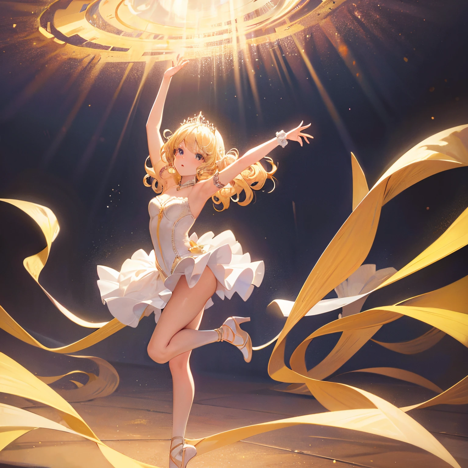 (best quality,ultra-detailed,photorealistic),1 girl,solo,pretty,light blonde hair,curly hair,seductive,attractive,ballet dancer,graceful pose,pointe shoes,elegant,graceful movement,spotlight,dramatic lighting,soft shadows,colorful tutu,sparkling tiara,expensive jewelry,ethereal background,airy atmosphere,vivid colors,dream-like,magical ambiance,professional photography style.
