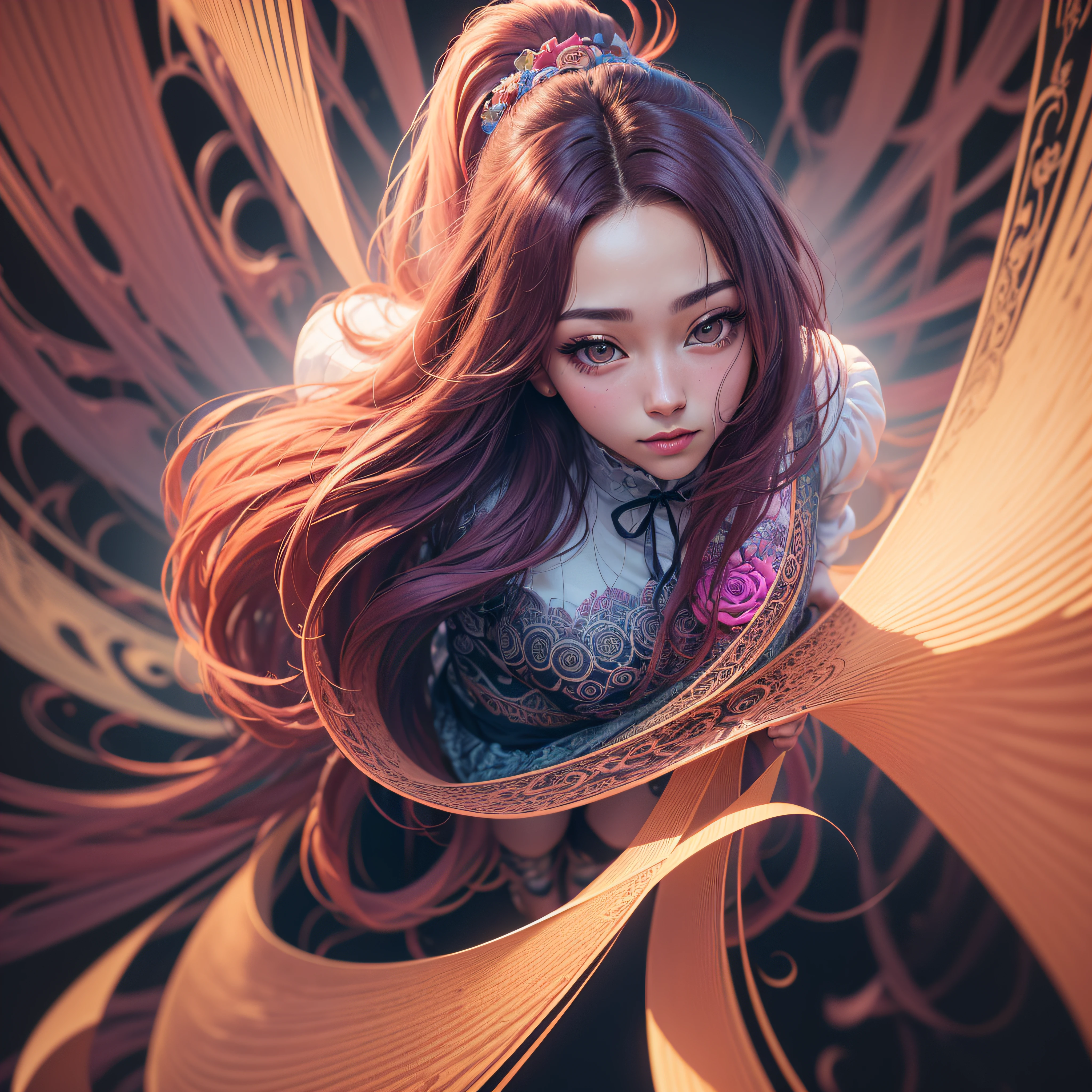 ((tmasterpiece:1.2, Best Quality)), Ultra-detailed, Ultra-precise imaging, Ultra high-definition images, (Zentangle:1.2), (dynamicposes), (Abstract background:1.5), Wavy long hair, rose hair, 1 Jisoo, colourfull, portrait of the, (From directly above:1.2)