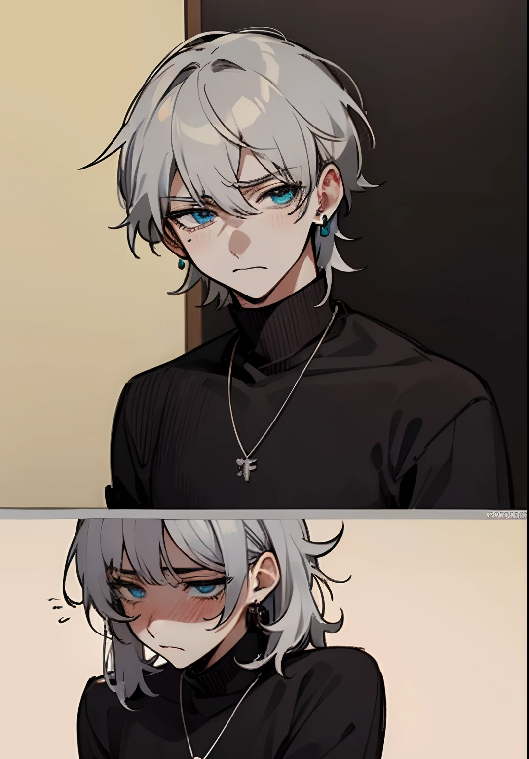 Male character, solo, upset, interactive with viewers, talking, kpop style, two block haircut, two side hair, light grey hair, silver hair, short but messy hair, light blue eyes, cyan eyes, man earrings, black turtleneck sweater, men necklace, popular, nervous but embarrassed, he wants you to give your hand to him, hand to hold, kpop outfit, soft, cool, ikemen, handsome, aesthetic, anime artstyle, masterpiece, best quality, detailed, 1boy, professional artwork, digital art, embarassed pose, no blush, he is hiding his embarrassment, irresistible, gorgeous, looking you, pure art, situational scene, scenario, it’s a date, lovely, shopping center background, 4k, hd