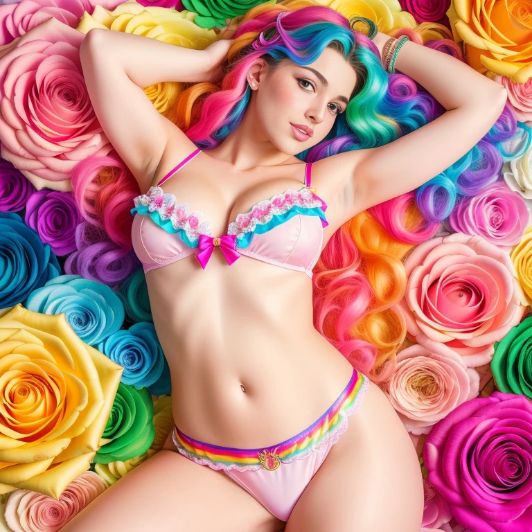 (best quality,4k,8k,high res,masterpiece:1.2),ultra-detailed, photorealistic, full body shot,rainbow wavy hair,Mature and beautiful, realistic portrayal:1.2 Sailor Moon posing as if she’s in a professional photoshoot, laying in a bed of rainbow roses, wearing rainbow incorporated lingerie.