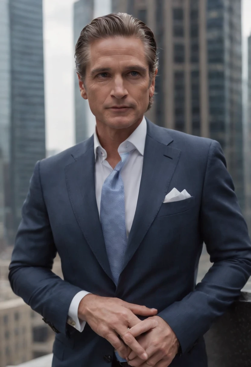 A photo of Gekko wearing a suit and standing in front of a corporate headquarters with a sign that says 'Gekko Corp.',Wall Street,Gordon Gekko, the iconic character from the film “Wall Street,” is the epitome of 1980s corporate greed and style, often seen in tailored, expensive suits that signify his success and power in the financial world. He is distinguished by his slicked-back hair and a confident, almost predatory gaze, enhancing his image as a ruthless and savvy Wall Street tycoon.