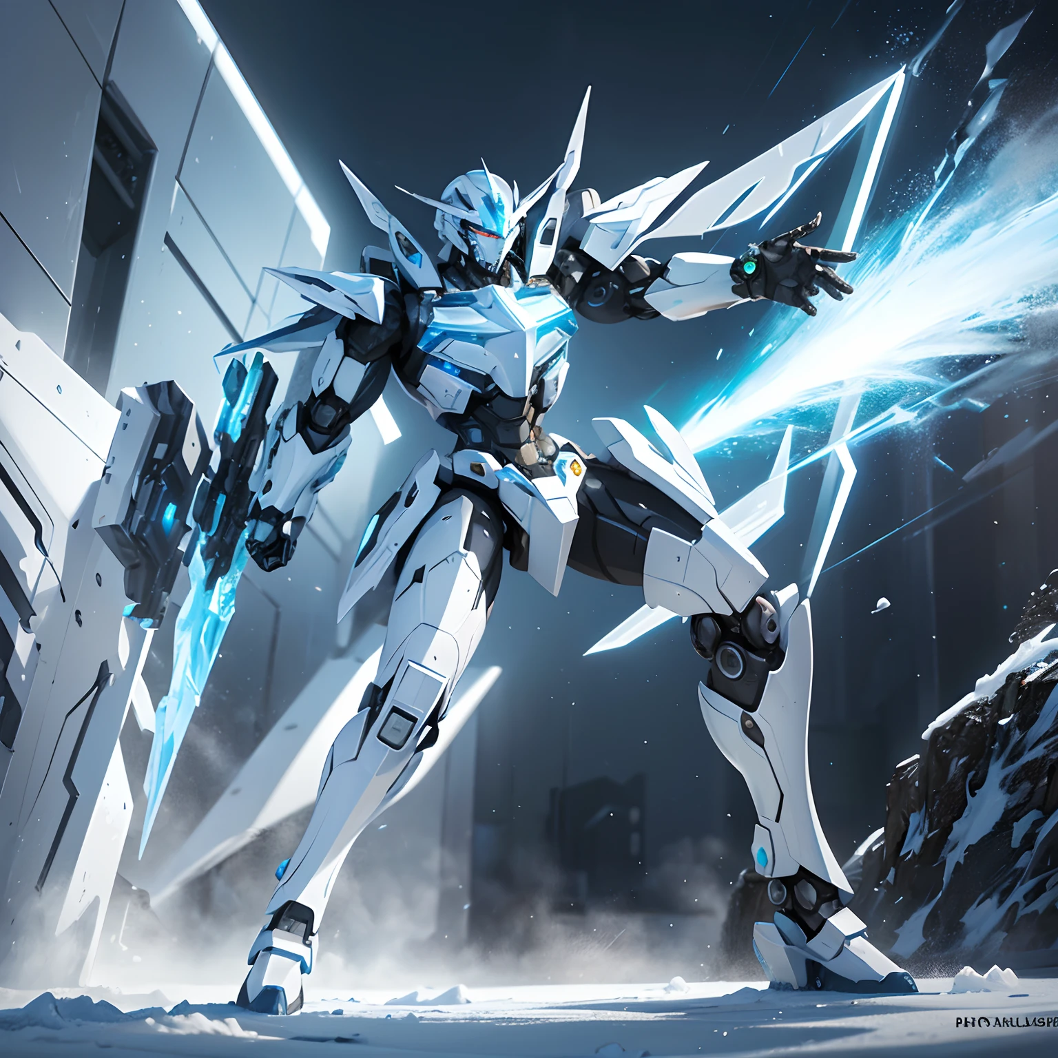 super high quality, (8k, RAW photo, realistic), robot warrior ice sculpture, mecha warrior ice sculpture detailed and delicate depiction and flashy and dynamic painting method, iridescent, professional lighting