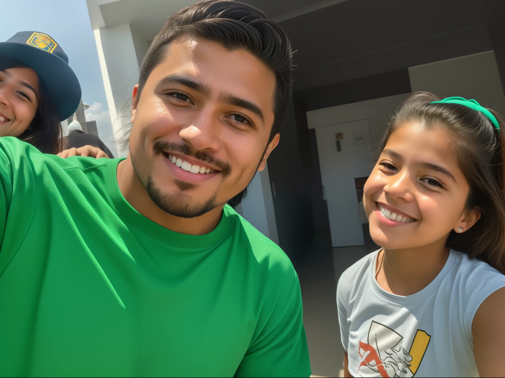 There's a man and a girl taking a selfie, with a , foto do perfil, foto de perfil, both smiling for the camera, imagem de perfil, foto de perfil, facebook post, José Moncada, Dan dos Santos, Tiro na Alexa, imagem do avatar, taken in the early 2020s, foto de perfil 1024px, Postagem no Reddit