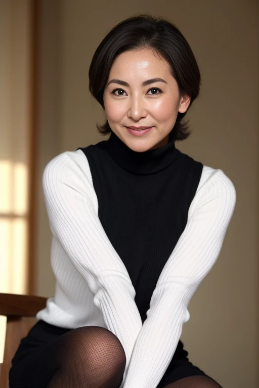 Japan mature, (Alone), 50yearsold, (Wrinkles at the corners of the eyes:1.2), Large breasts, A MILF, carismatic, an sexy, Whitish skin tone, looking at viewert、Oversized breasts、Wear a sleeveless turtleneck sweater、Skinny knit dress、Muchimuchi、black pantyhoses、high-heels、ssmile、Public places、Squat、Panchira