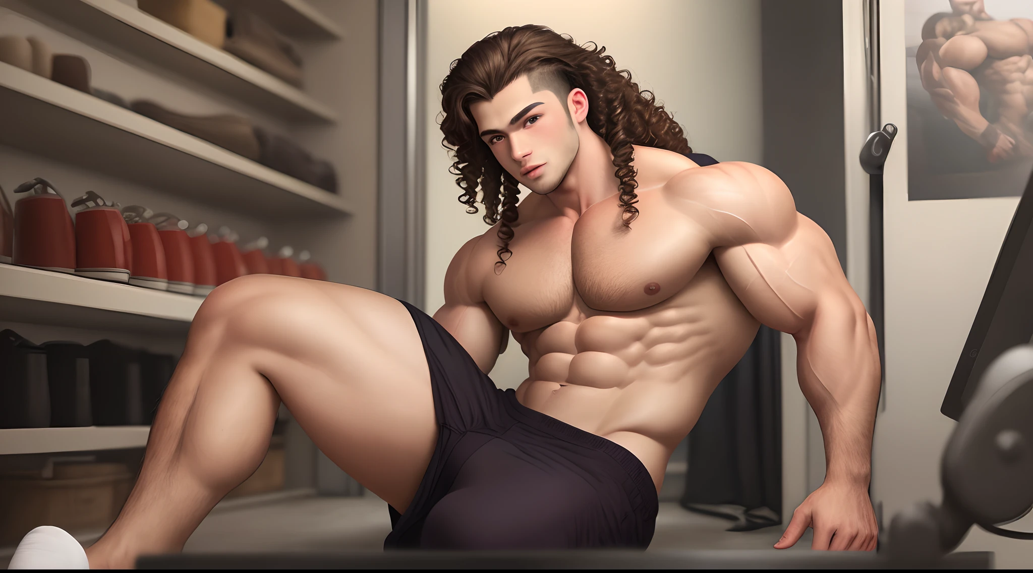 muscle guy with brown long curly hair big feet