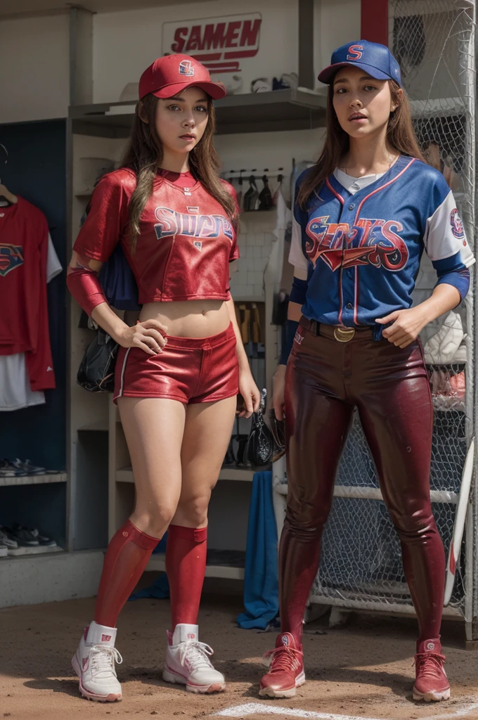 A scene where the women's baseball team transforms into Supergirl、S Mark、Transformation suddenly begins without warning during a match.、The entire team transforms into Supergirl、Deformed baseball cap、Baseball uniform turns into supergirl suit々transformed into、Transform into a glossy、Brightly transformed、Transform without any discomfort、Shoes transform into red boots、