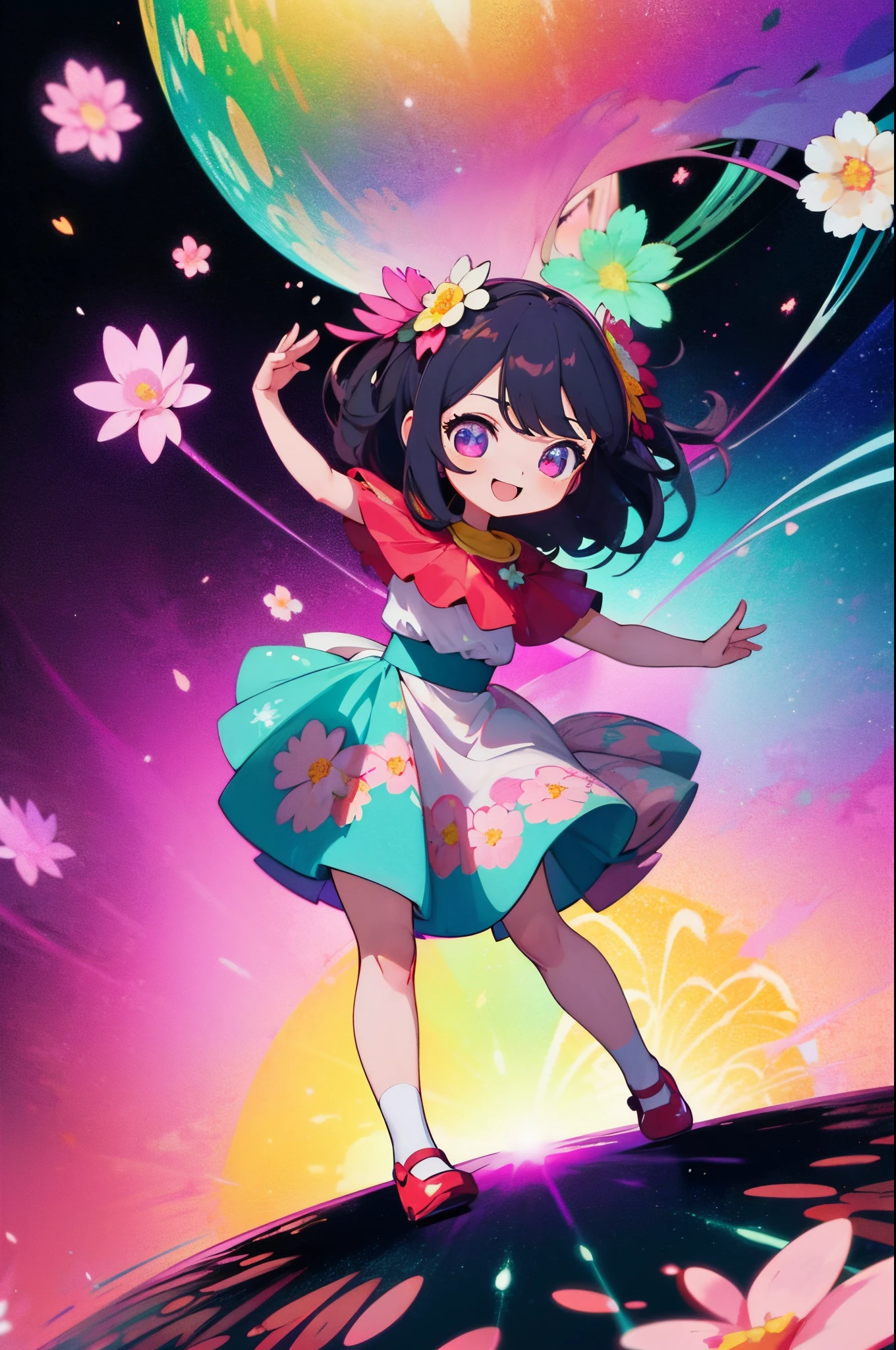 Extremely detailed,(Fractal Art:1.1),(Colorful:1.1)(Flowers:1.3)、 (Dynamic Pose), (Abstract background:1.3)、(Many colors:1.4)、Place one small doll on a circular stand、kawaii pose、A smile、A dark-haired、Chibi Doll、Stars in the eyes（kirakira）、Singing with microphone in hand、Eye Up、Laugh、Cute red shoes、Ultra Detail, radiant light、bio luminescent、Stronger bokeh effect