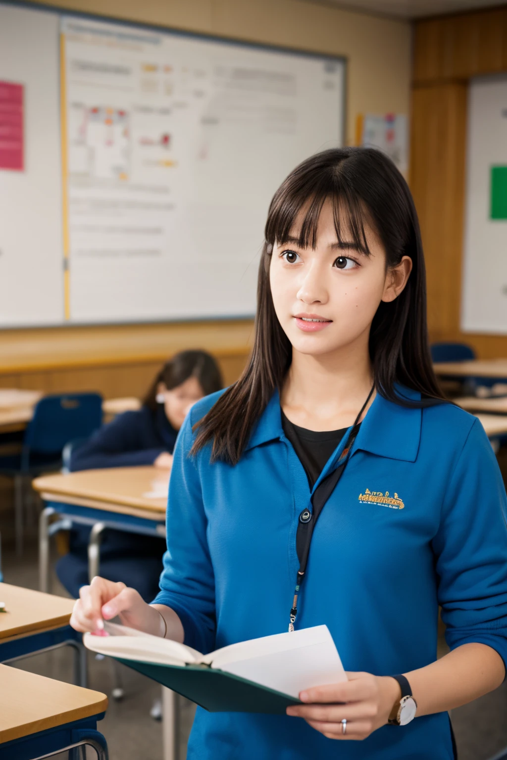 8k, highest quality, ultra details, college woman, working as a teaching assistant, leading a discussion section with students, capturing the realistic details of the classroom environment, the woman's teaching style, and the engagement of the students.