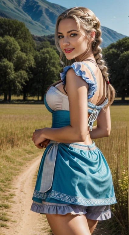 (masutepiece, Best Quality), ultra-detailliert, Photorealsitic, Beautiful woman with gray hair, Braid hair, Braided hair, Blue eyes, ((dirndl)), (sexy underwear), Knitted sandals, a necklace, Wavy Hair, Perfect face, Beautiful face, enticing, big gorgeous eyes, I have my mouth wide open, red-lips, makeup, Happy, Voluptuous body, seducting smile, Glamorous body, Big ass, (plein air), Rural town, Pasture, Bright colors, A walk in the steppe