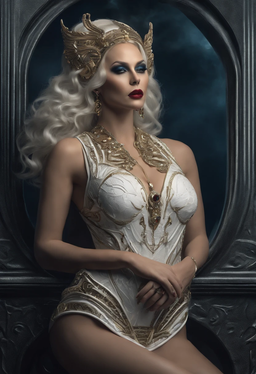 Goddess Hekate naked on her throne in the underworld