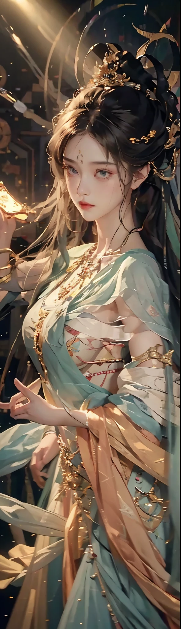 （RAW photos，best qualtiy），（realisticlying，photograph realistic：1.3），best qualtiy，highly  detailed，tmasterpiece，hyper-detailing，illustratio，1girll，upper_body，dynamic angle，Masterpiece Theatre of the World，messy_long_hair，best qualtiy，extremely detailed CG unity 8k wal，ink，astounding，cinmatic lighting，lens_flare，，dunhuang_style，Full body like
