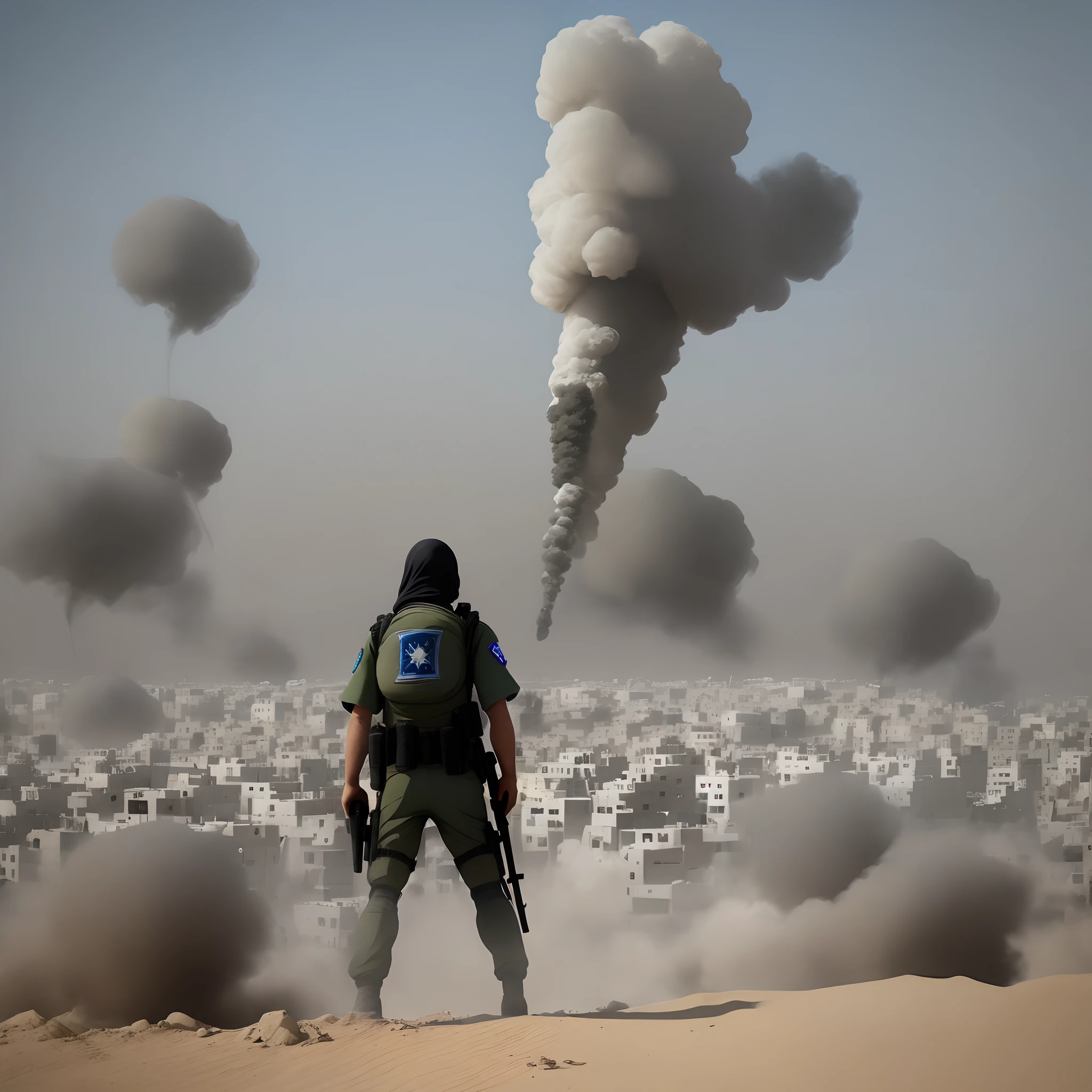 charicature of a figure wearing israel flag shirt wearing a mask. Behind the mask- the word terrorist. Standing on top of Gaza and dropping bombs as a giant
